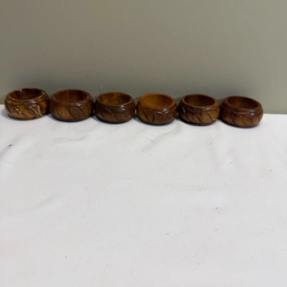 6 Teak Wood Round Napkin Rings MCM Hand Carved in Philippines